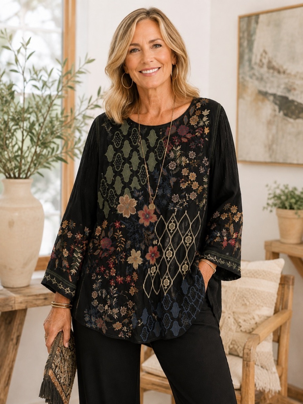 Johnny Was Esmerelda Tunic L Iron Steel Embroidered Boho Cupra Rayon